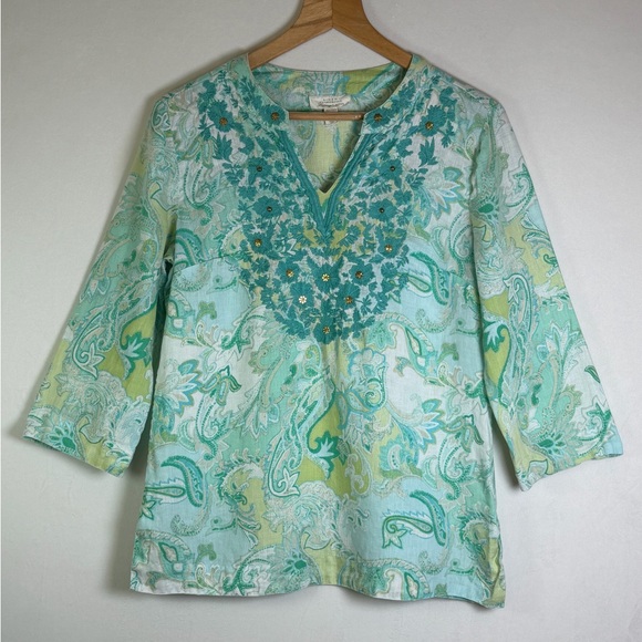Charter Club Women’s Vtg Y2K Linen Embroidered Boho Tunic Top Sz Petite Medium - Picture 2 of 9